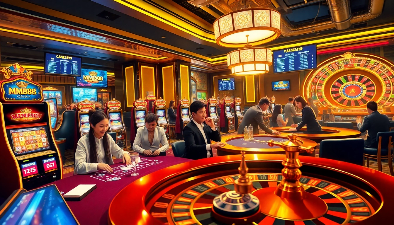 MM88 online gambling scene showcasing excitement at poker tables and slot machines.