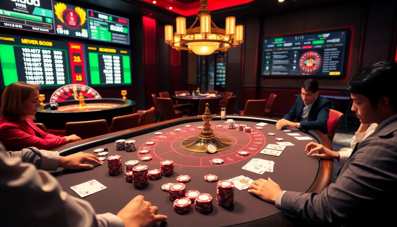 A high-stakes poker game scene at https://go8.food/ with vibrant poker chips and lit roulette wheel.