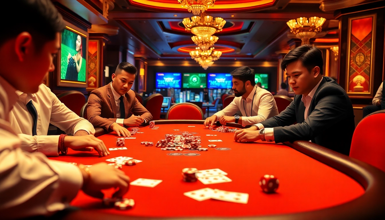 Professional poker players engaging at a luxury table in a vibrant casino scene depicting vua99 gaming experience.
