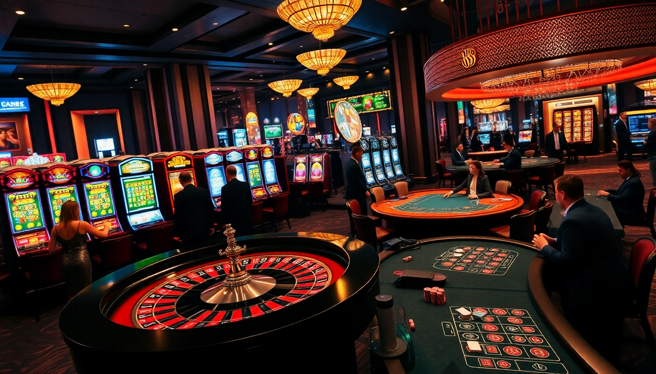 A vibrant scene at khela88 casino showcasing a roulette table, poker action, and colorful slot machines.