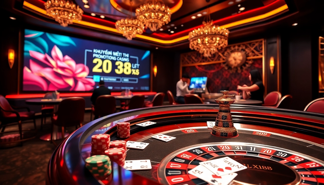 High-stakes gaming showcasing khuyến mãi xin88 with poker chips and a roulette wheel.