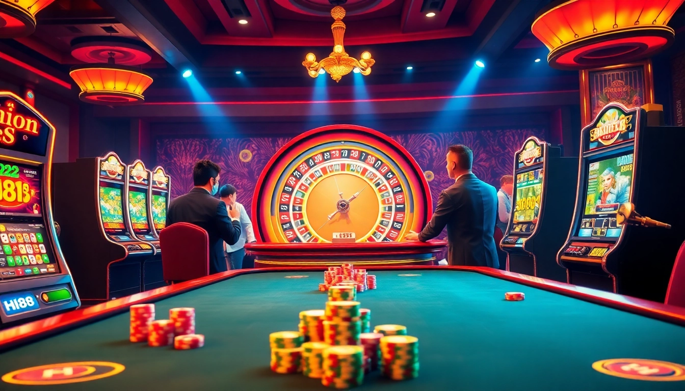 Enjoying a thrilling game at Hi88’s vibrant casino, featuring elegant poker tables and exciting slot machines.