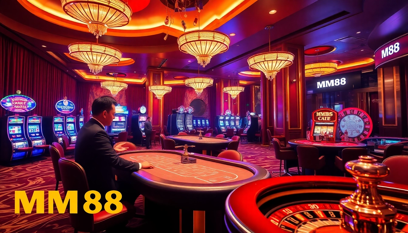 Experience the thrill of MM88 in a luxurious casino setting with vibrant gaming elements.