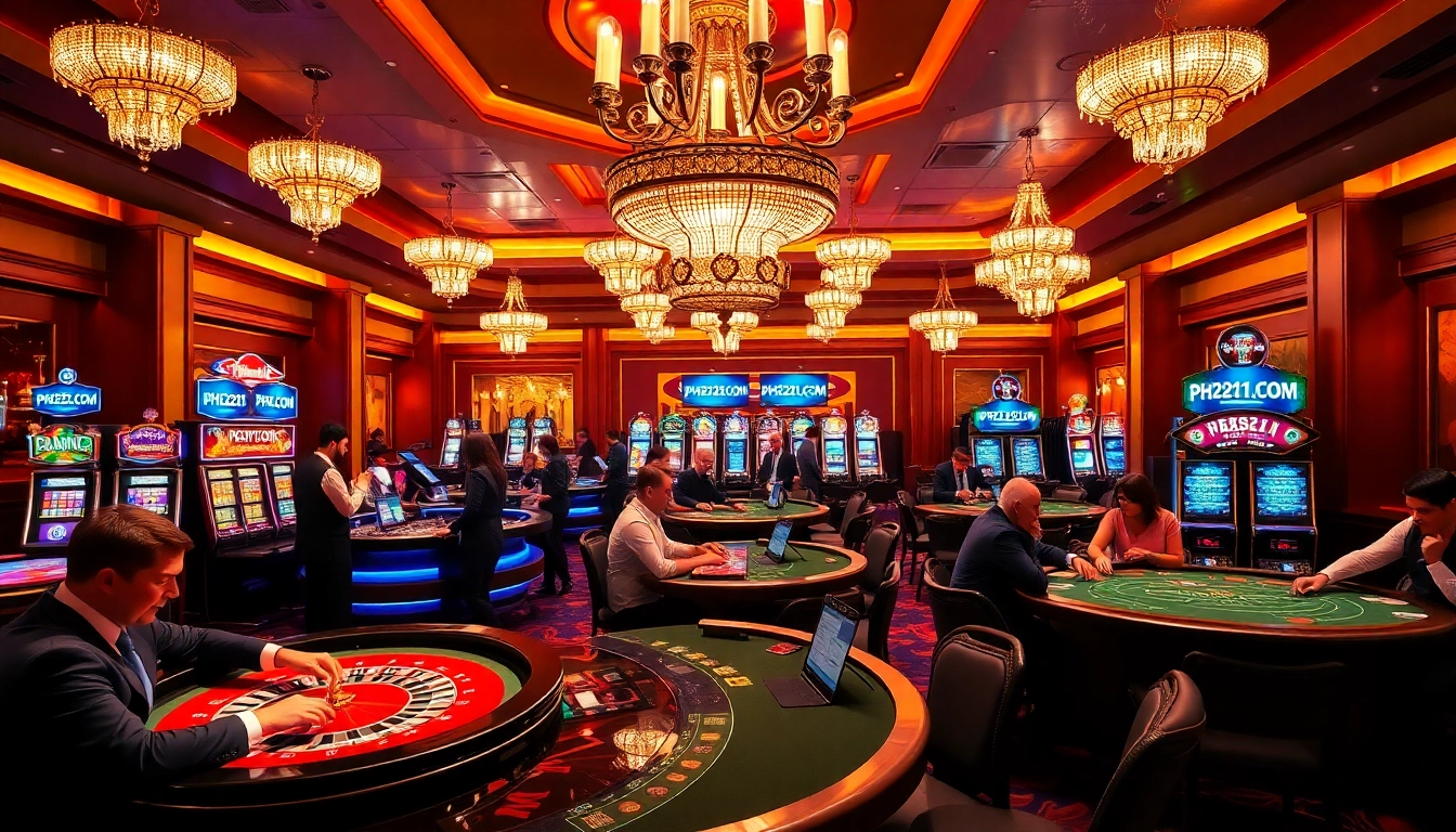 Experience the excitement of PH22211.COM in a vibrant casino setting with players at gaming tables.