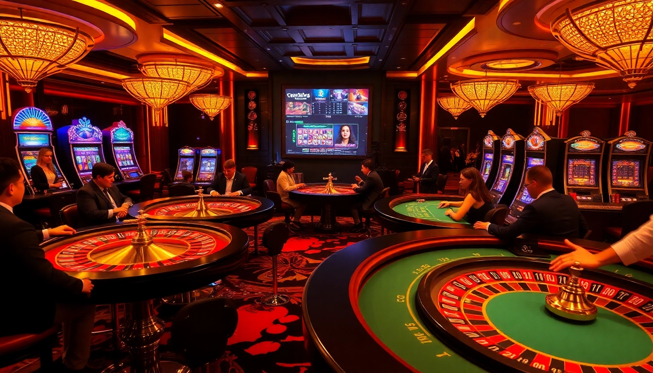Players enjoy intense gaming at an upscale casino, inspired by https://f168biz.com/, with vibrant slot machines and roulette wheels.