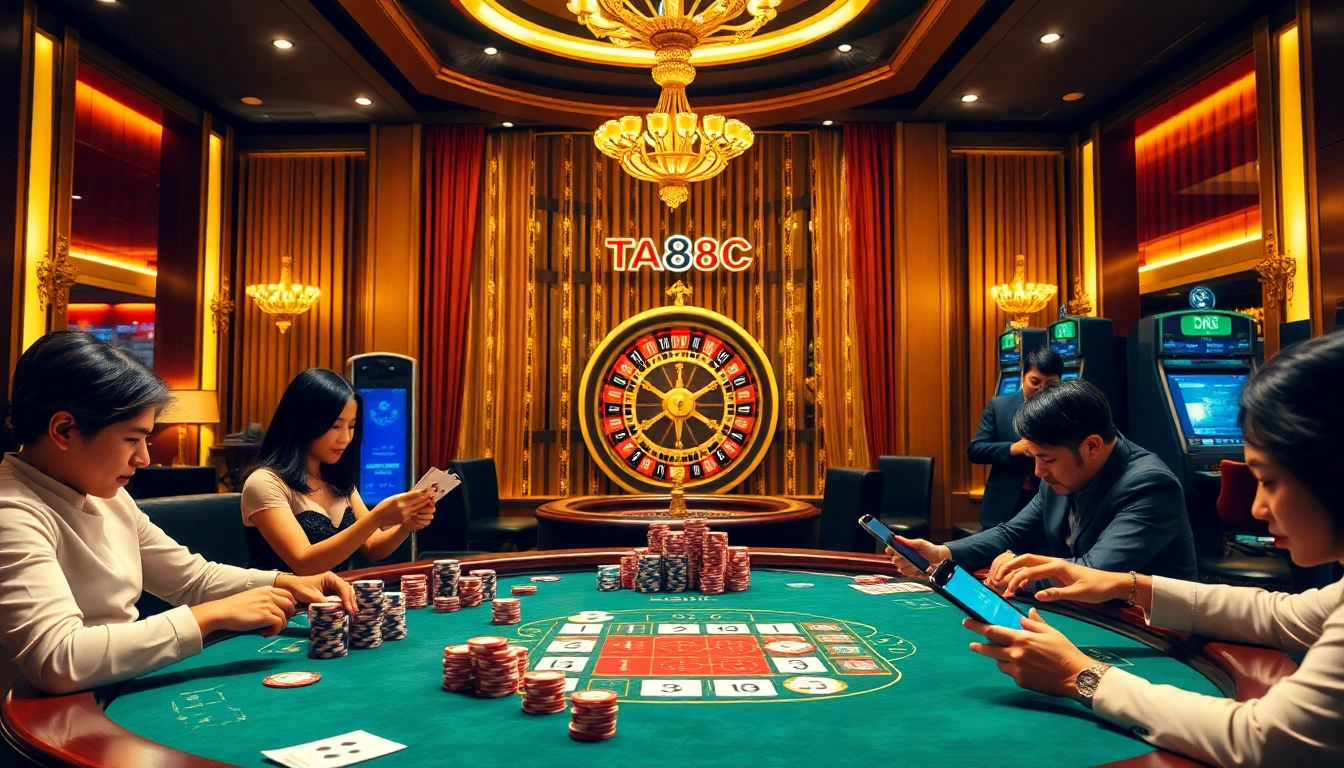 Players strategizing during an exciting game at TA88c.com, surrounded by rich casino ambiance.