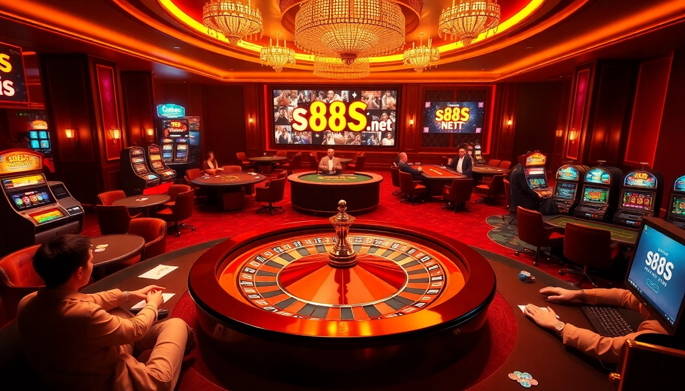 Experience the thrill of online gambling at s88s.net with vibrant casino tables and roulette wheels.