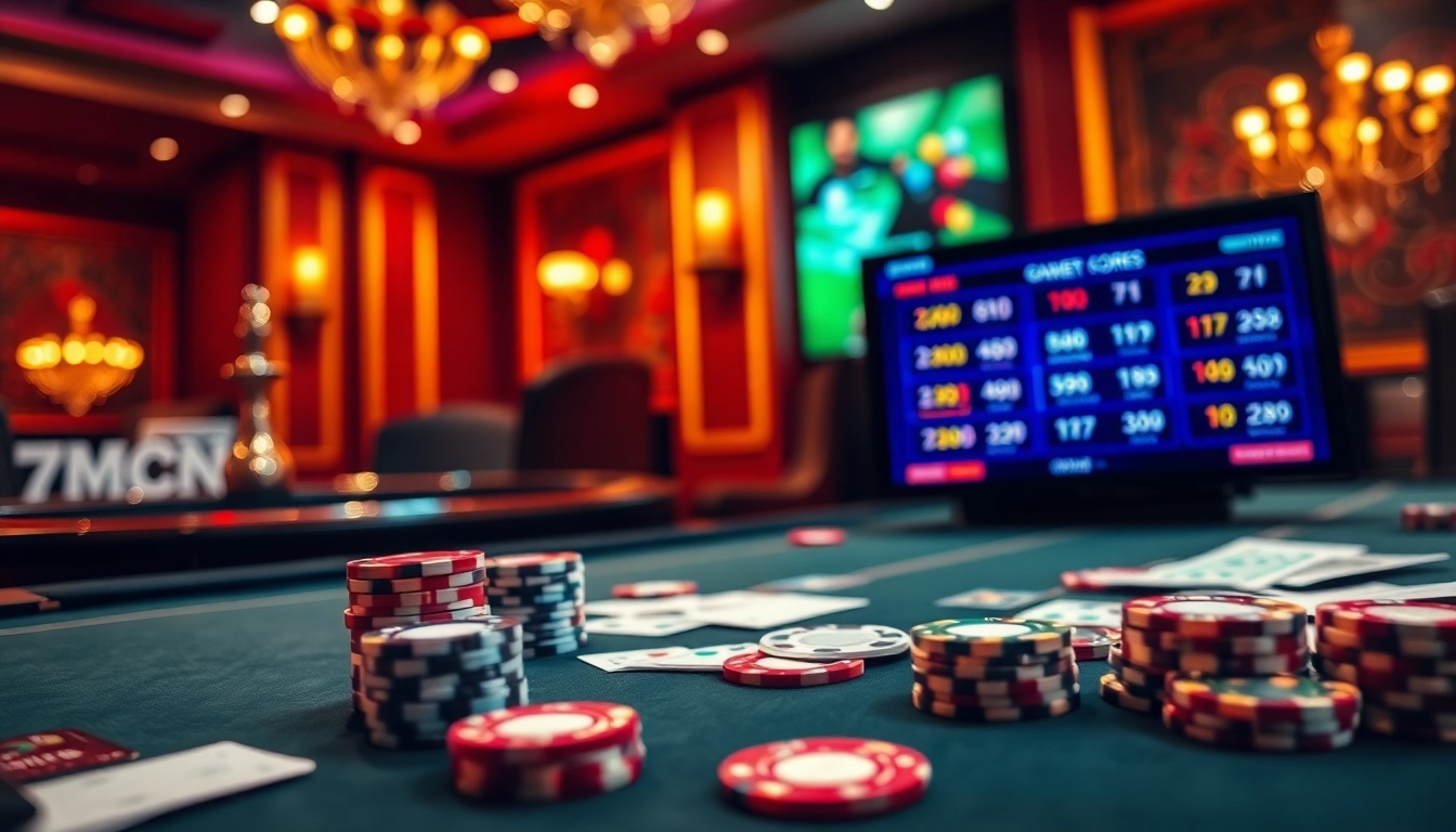 Experience the thrill of live betting at 7mcn with sleek poker tables and vibrant odds displays.