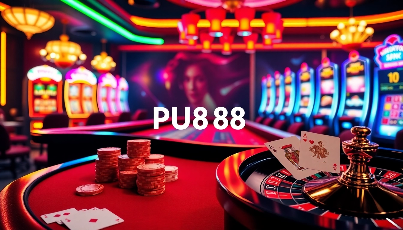 Experience the excitement of PU888 with vibrant casino elements like roulette, baccarat, and slot machines in a luxurious setting.