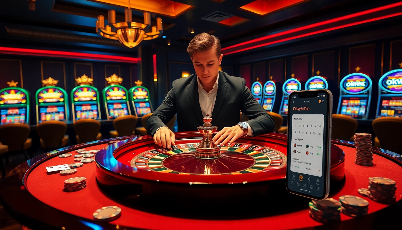 Experience excitement at the casino with Okwin, featuring a roulette table and online betting interface.
