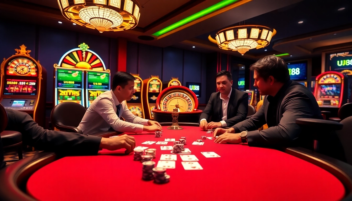 Players enjoying an intense poker game at UU88's luxurious casino table, surrounded by vibrant gaming elements.