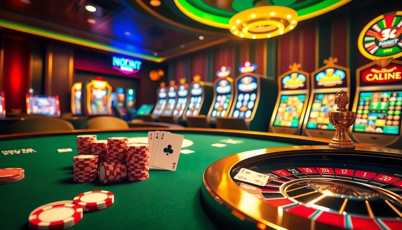 Betting excitement at nhà cái usbet with colorful casino tables and poker games.