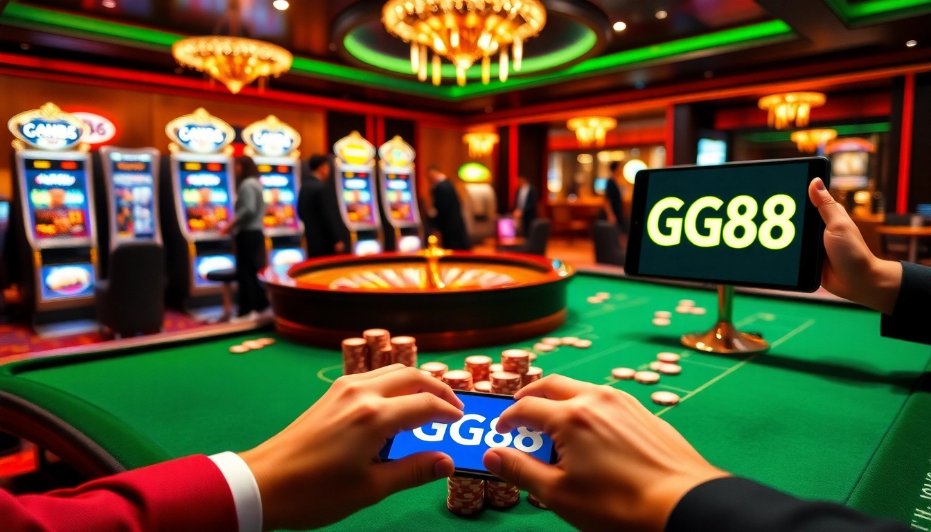 Capture the excitement of GG88 casino with poker chips and a roulette wheel.
