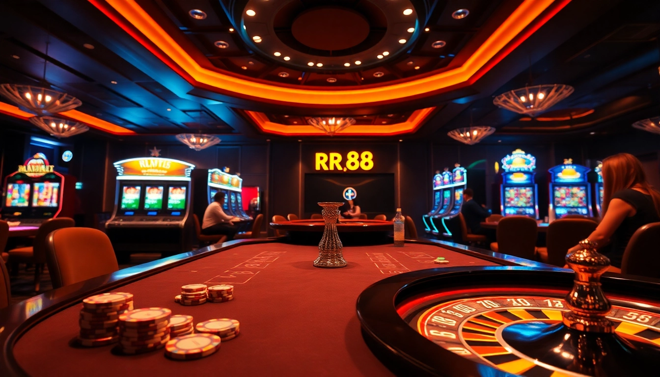 RR88 gaming table scene featuring poker chips and an exciting roulette wheel.