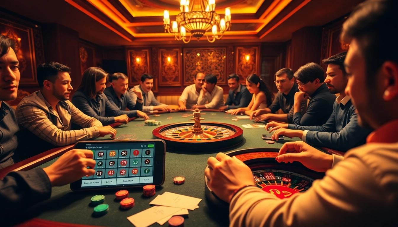 Experience thrilling gameplay at thabet1.net with an exciting online casino atmosphere featuring poker tables and roulette wheels.