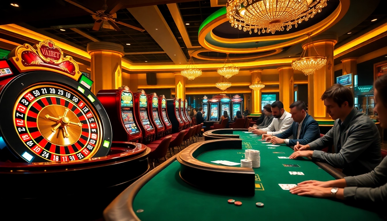 Vaobet casino scene showcasing players enjoying roulette, poker, and slot machines in a vibrant atmosphere.
