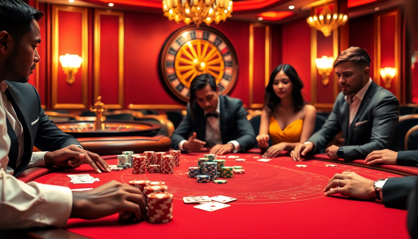 Players enjoy a high-stakes poker game at ok8386a.com with vibrant casino elements.