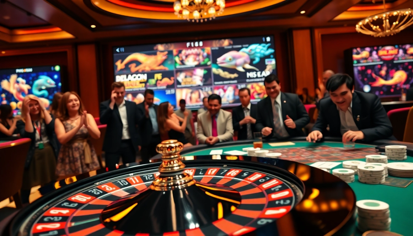 Experience the excitement of game f168 in a vibrant casino environment with roulette and poker.