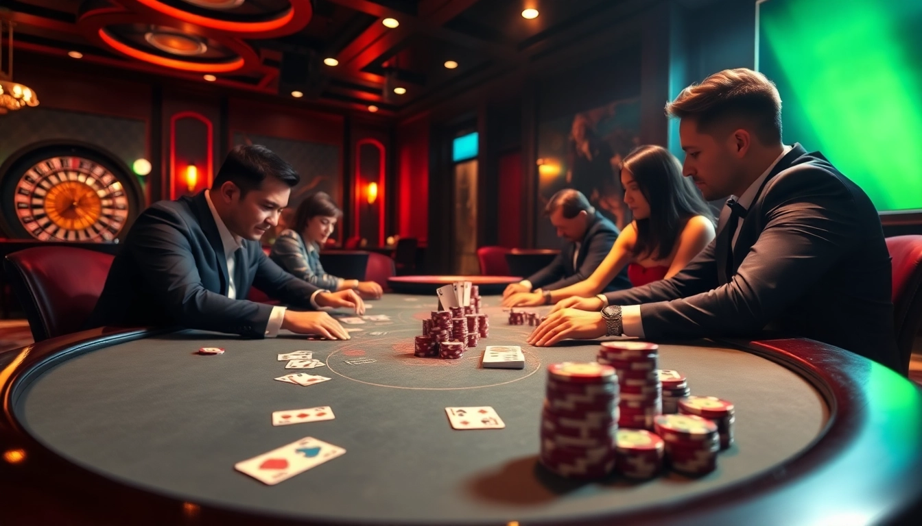 Experience thrilling gameplay at nhà cái uu88 with a luxurious poker scene featuring players and chips.