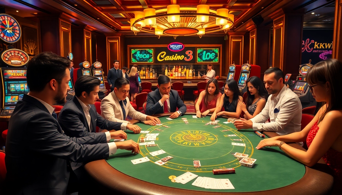 Engaging gambling scene at https://kkwin.co.com/ with players enjoying poker and slot machines.