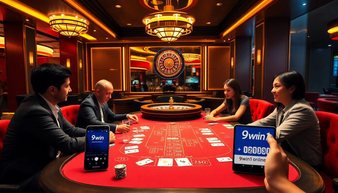 Join the excitement at https://9win1.online/, where players engage in thrilling poker games amid luxurious casino decor.