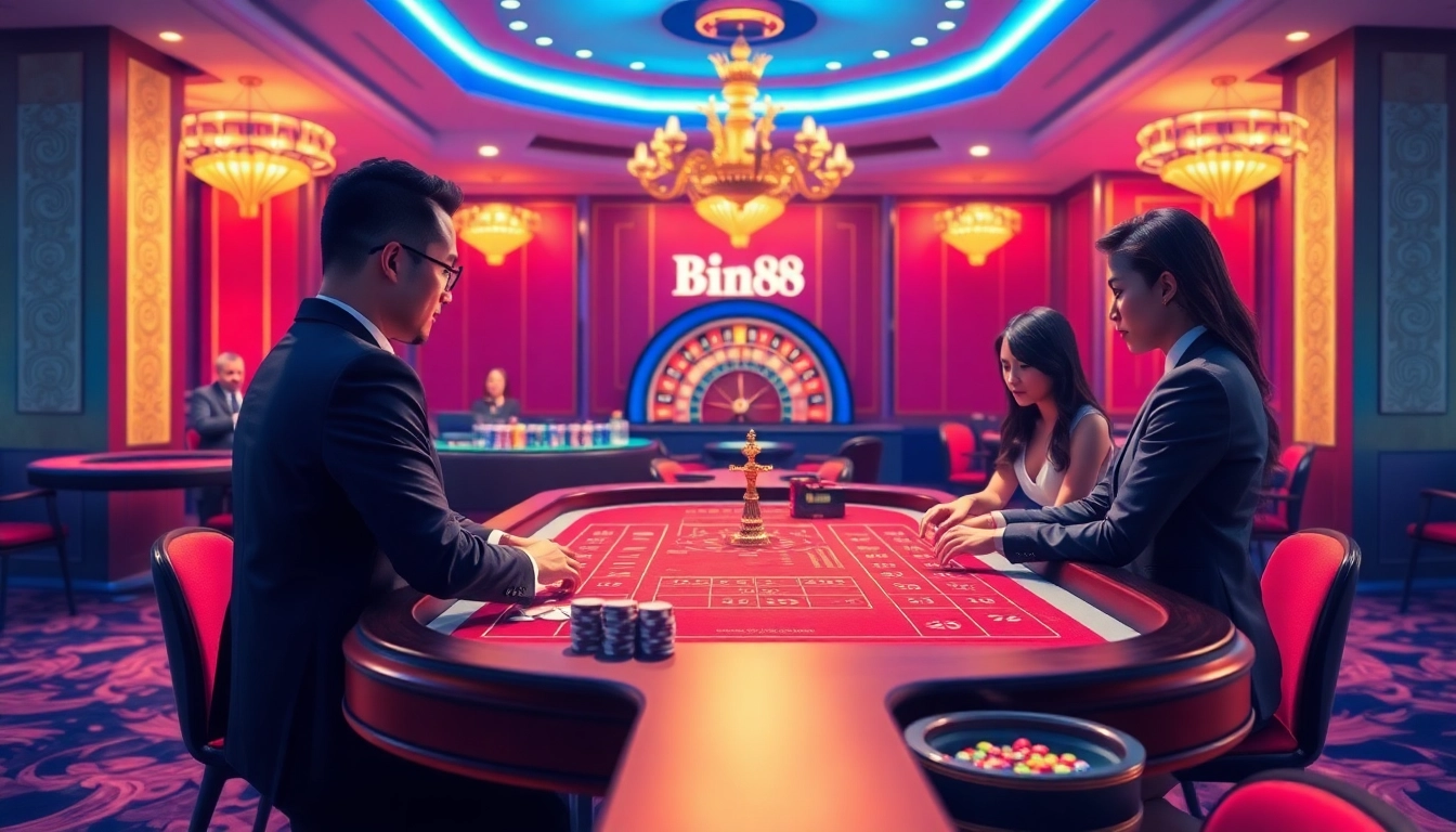 Experience thrilling Baccarat gameplay at Bin88’s luxurious casino table with a professional dealer.