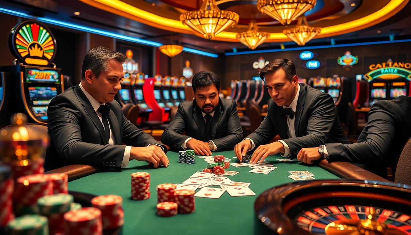 Engage with thrilling gameplay at go8's exciting poker table, featuring vibrant chips and intense players.