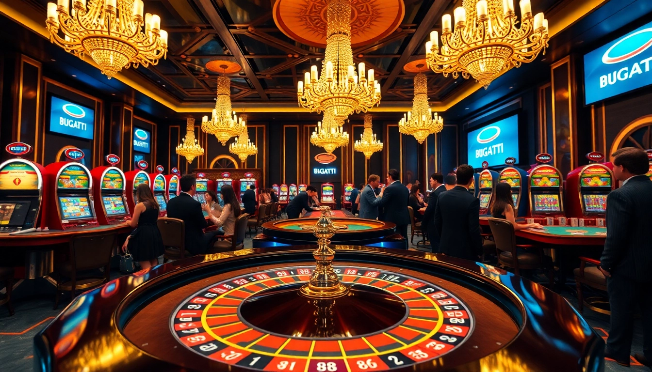 Experience Bugatti8 excitement at a luxurious roulette table surrounded by enthusiastic gamblers and vibrant casino elements.