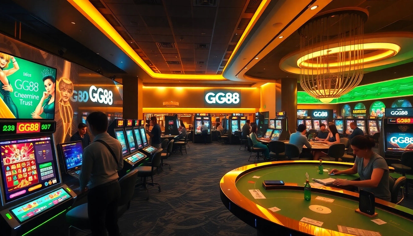 Experience the thrilling GG88 online casino, showcasing vibrant games and engaging players in a luxurious setting.