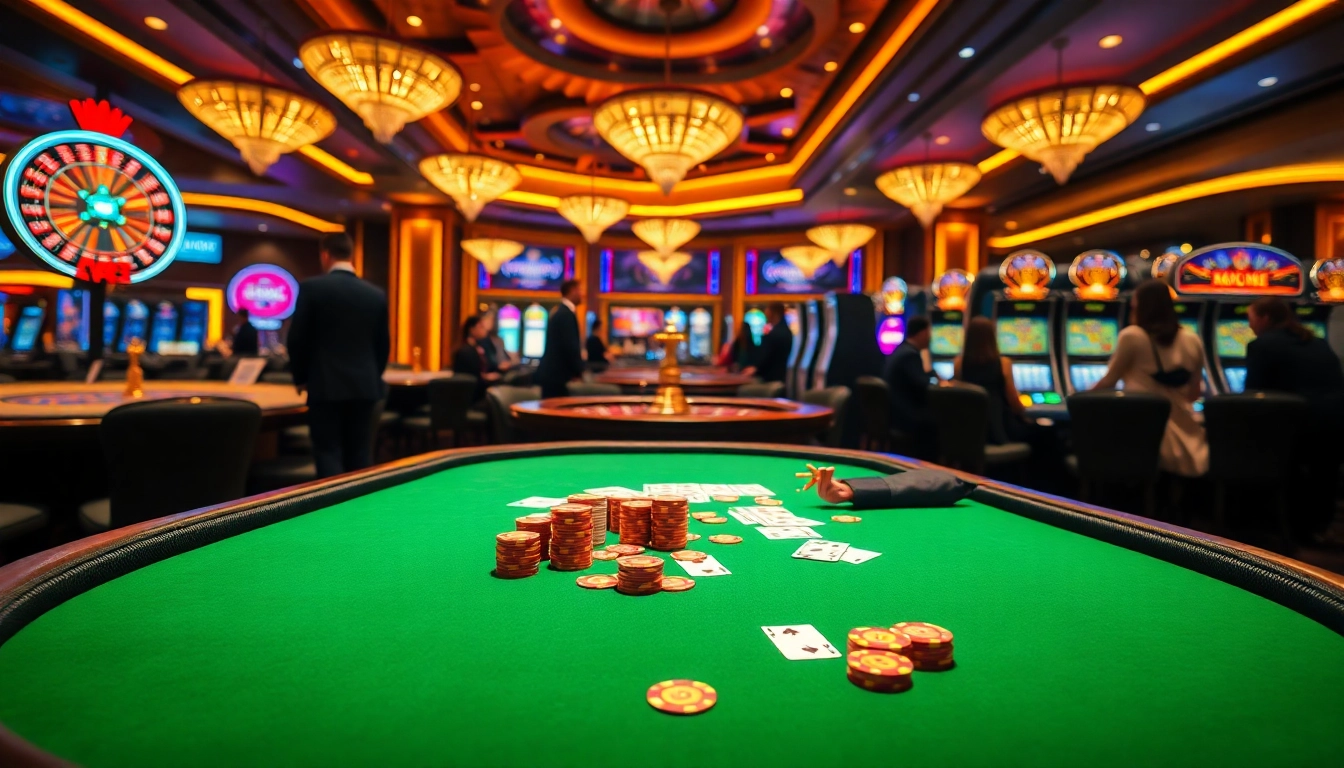 Engaging AF88 casino scene with poker table, chips, and illuminated slot machines.