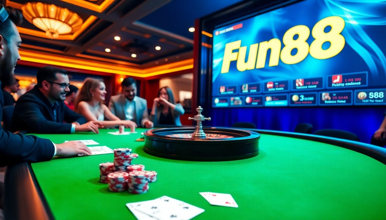 Players enjoying a vibrant Fun88 poker game in a luxurious casino setting.