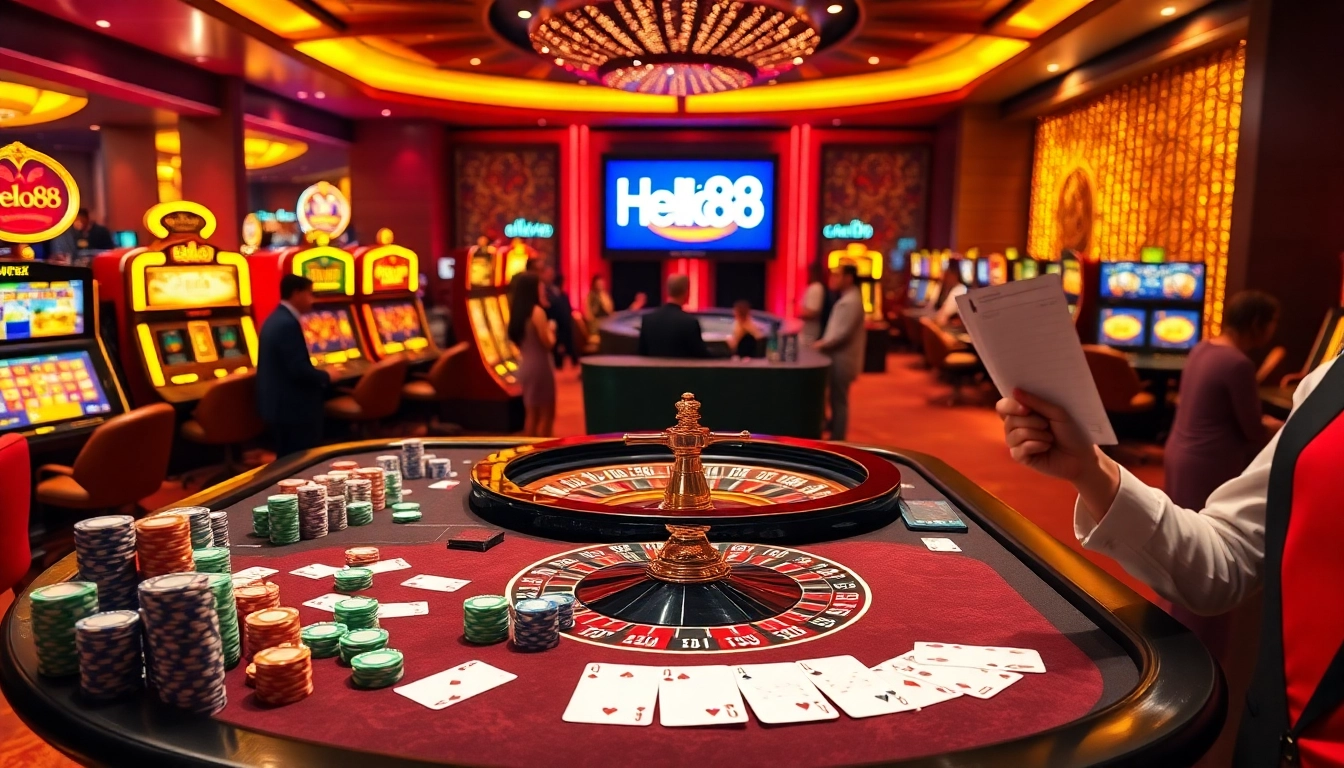 Hello88 casino table featuring poker chips and a spinning roulette wheel in a vibrant atmosphere.