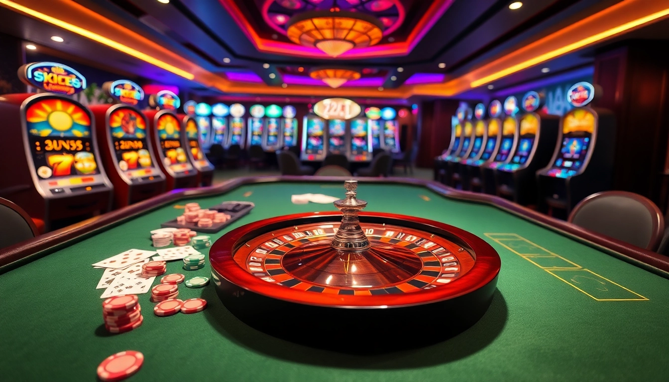 Experience the excitement of gambling with vibrant casino visuals at 22bet.style featuring tables and slot machines.