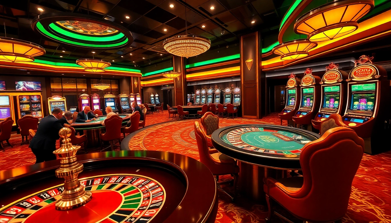 Action-packed max88 vin casino scene with players at roulette and poker tables, celebrating wins with chips.