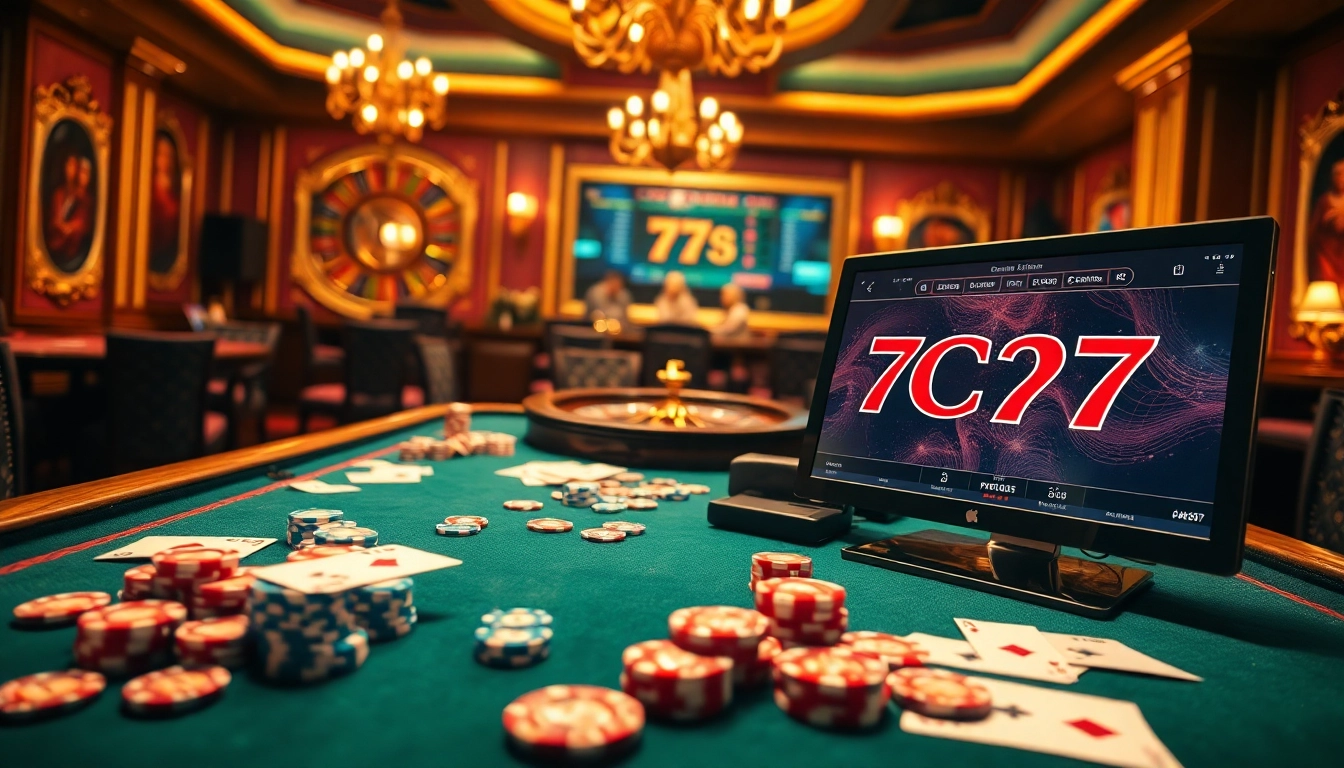 Join the excitement at 7C77 Casino, featuring vibrant poker tables and luxurious gaming chips.