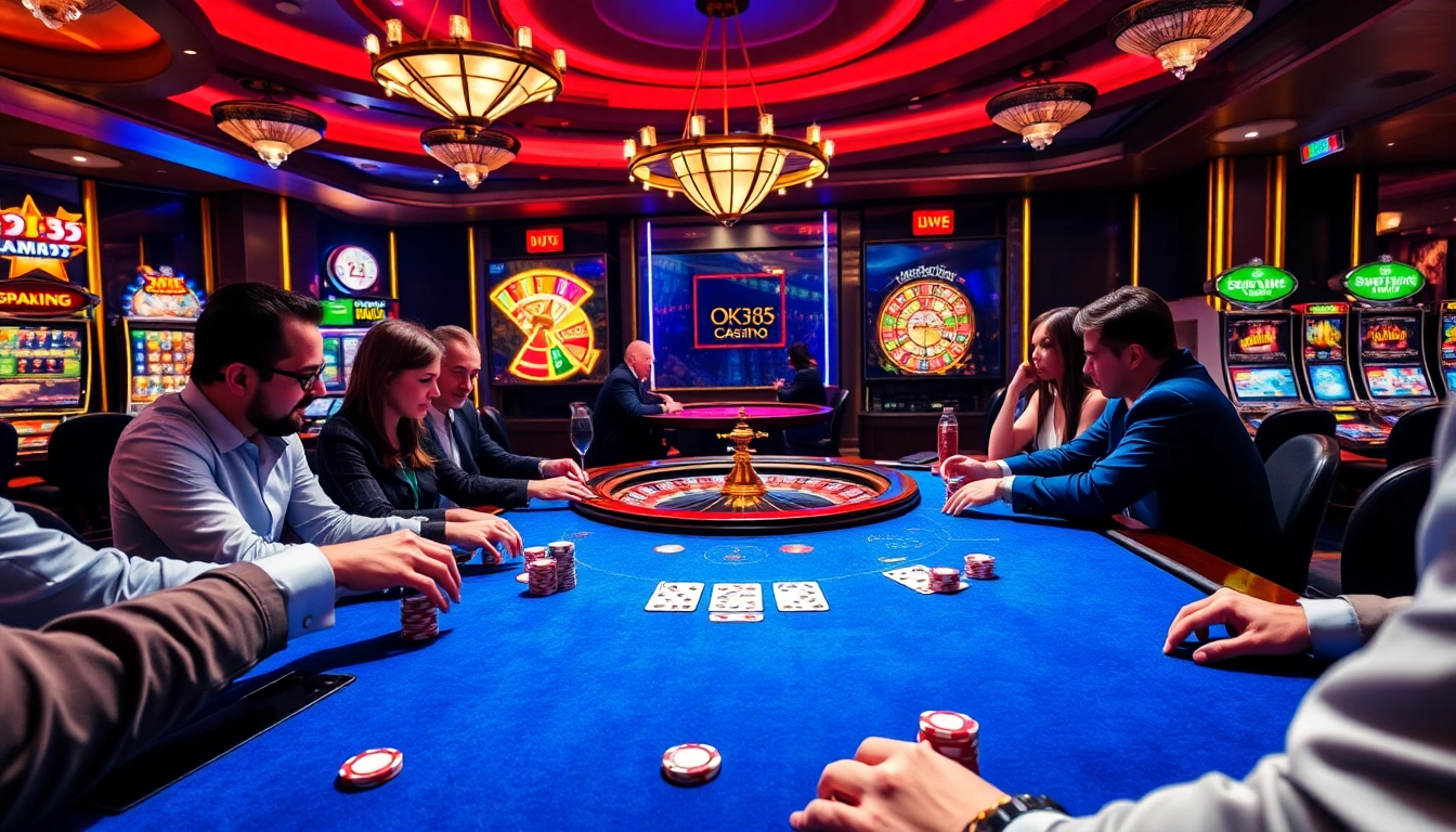 Players enjoy thrilling poker games at OK365 casino, surrounded by vibrant slot machines and roulette wheels.