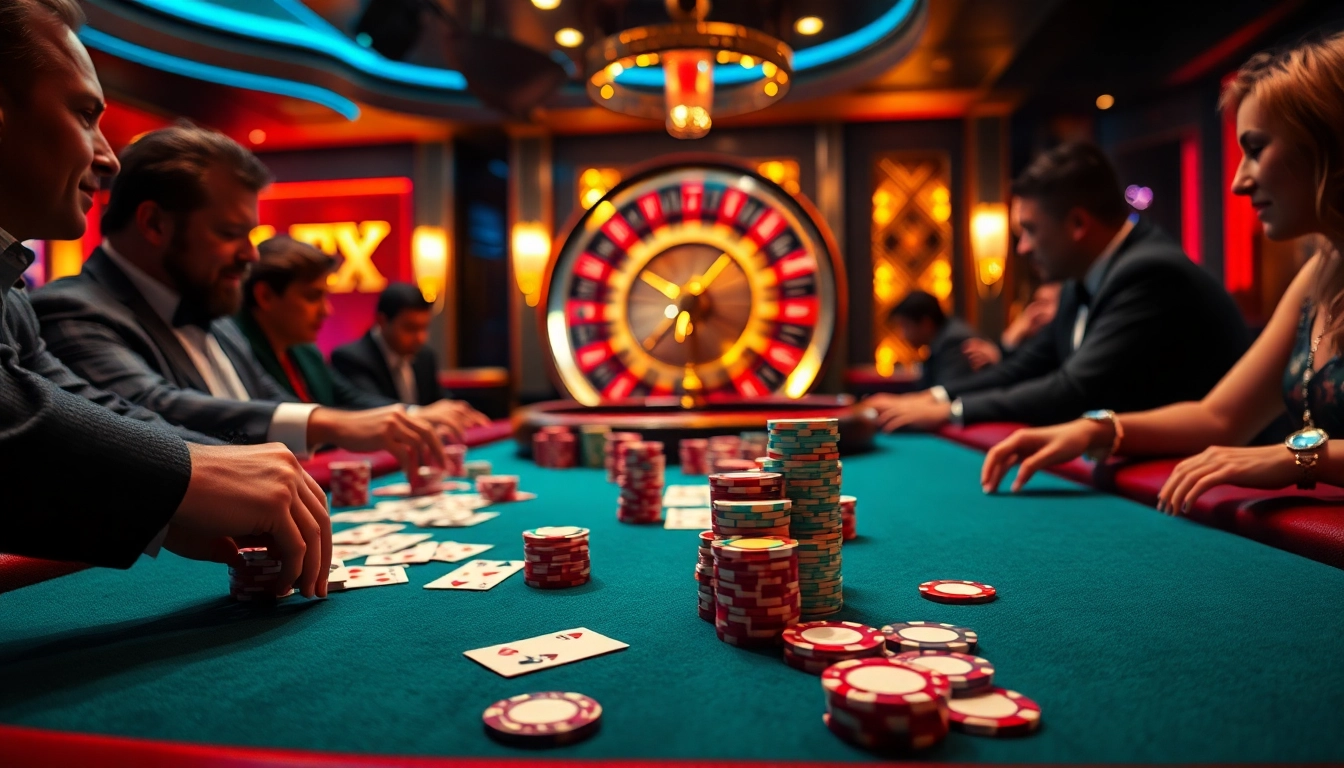 Gamblers enjoy an exciting round of poker at 여기여, showcasing vibrant chips and an electrifying atmosphere.