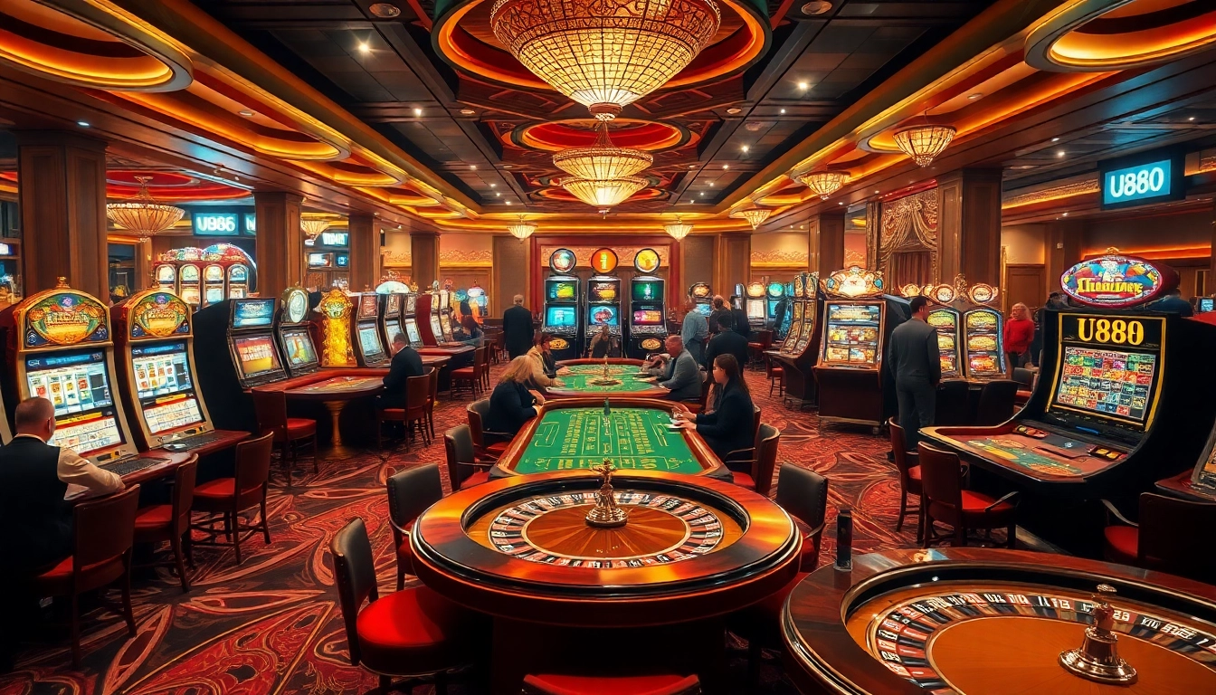 Players enjoying table games in a luxurious casino atmosphere reflecting U888.