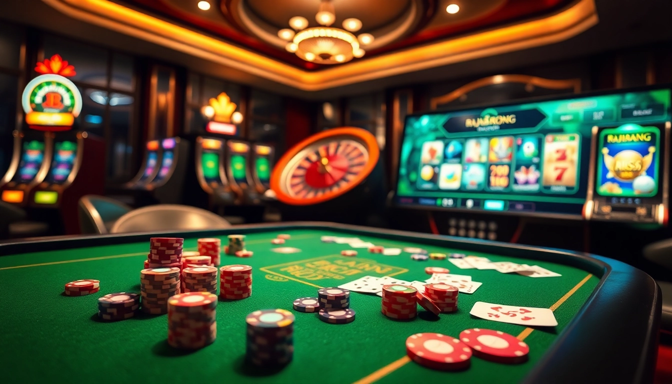 Engage in thrilling gaming at RAJABARONG, showcasing a vibrant casino scene with slot machines and poker chips.