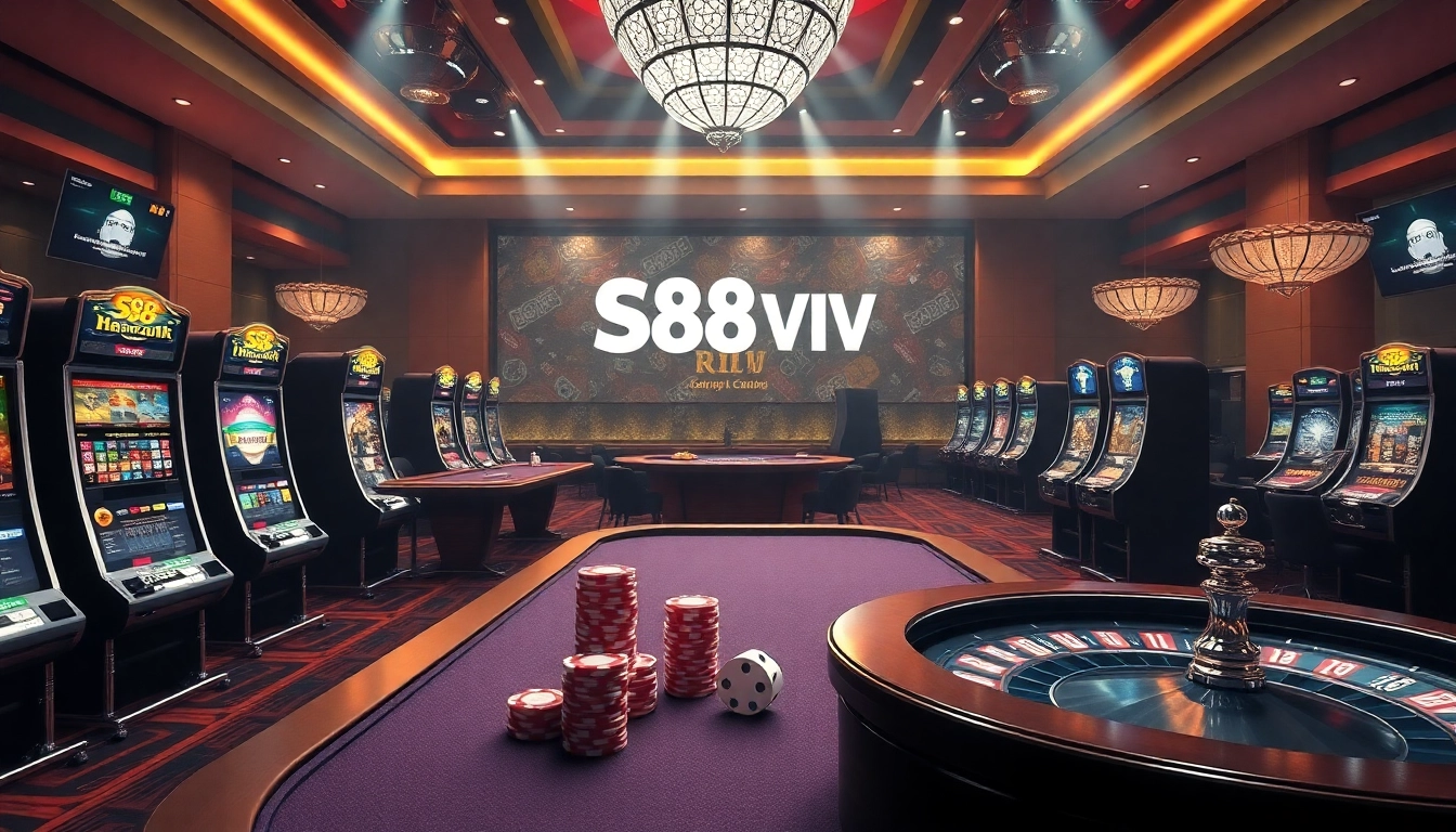 S88 VIP branding displayed in a vibrant online casino scene with roulette wheels and slot machines.