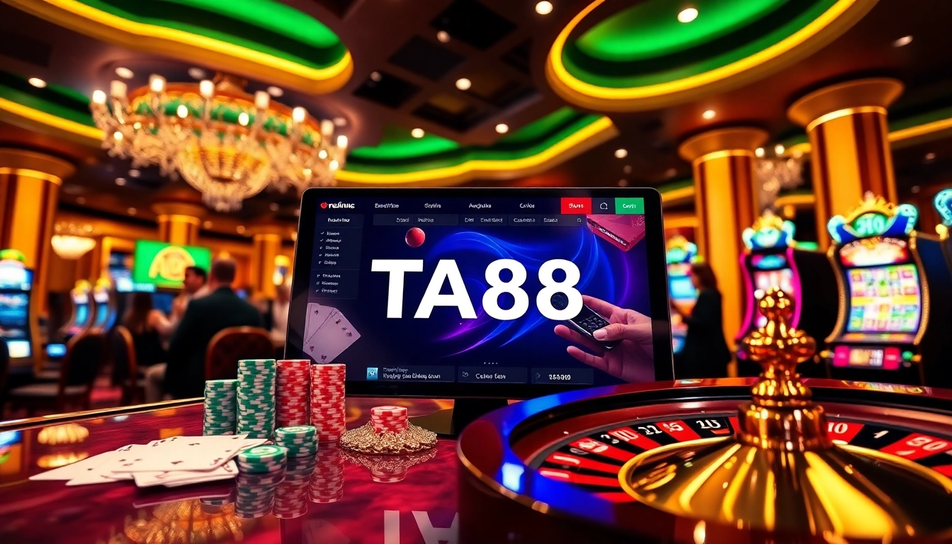 Engage in thrilling online gambling at TA88 with poker chips, roulette wheel, and exciting gameplay.