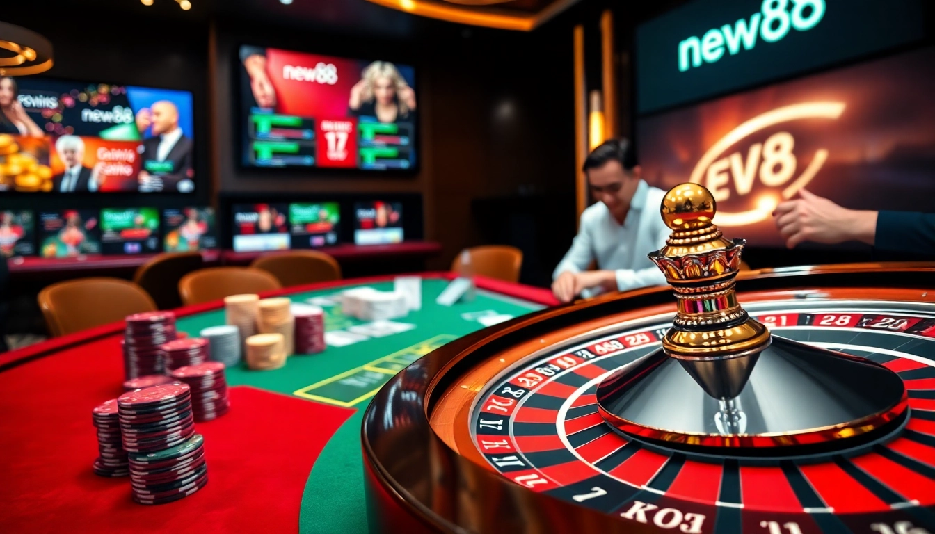 Experience the excitement of new88 with vibrant casino scene featuring roulette and poker.