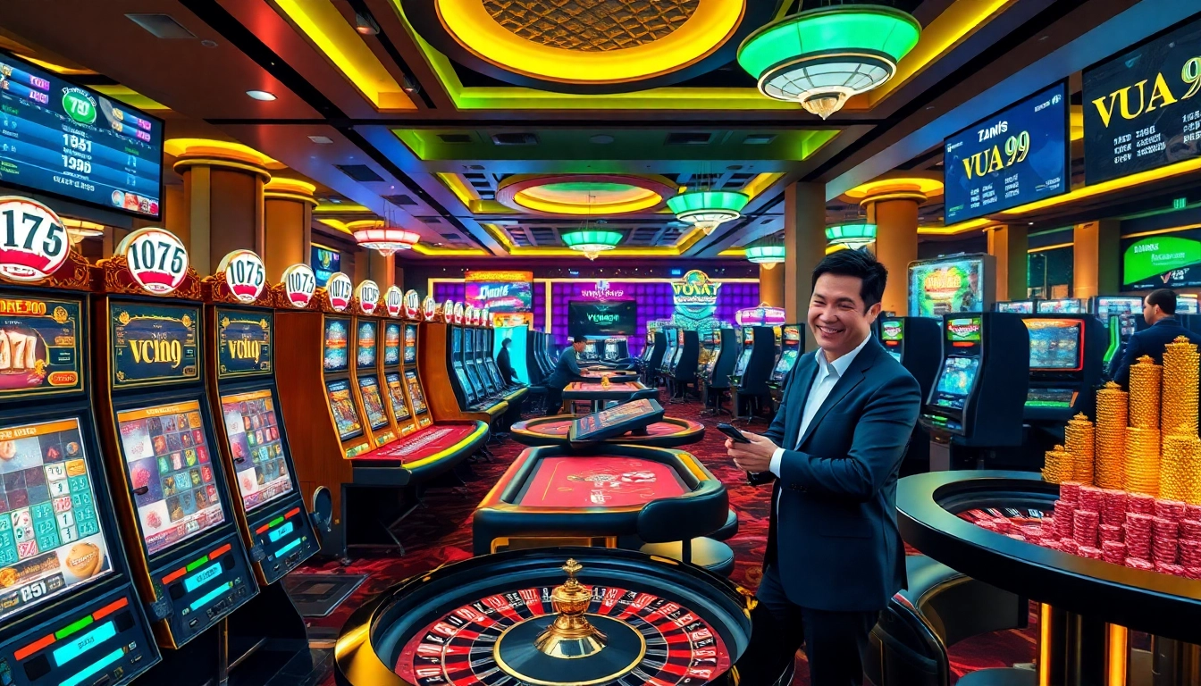 Vua99 casino scene showing players enjoying engaging gambling activities with vibrant slot machines and poker tables.