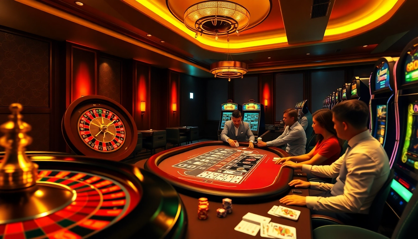 BJ 888 players excitedly engaging in a live casino atmosphere with roulette, blackjack, and slot machines.