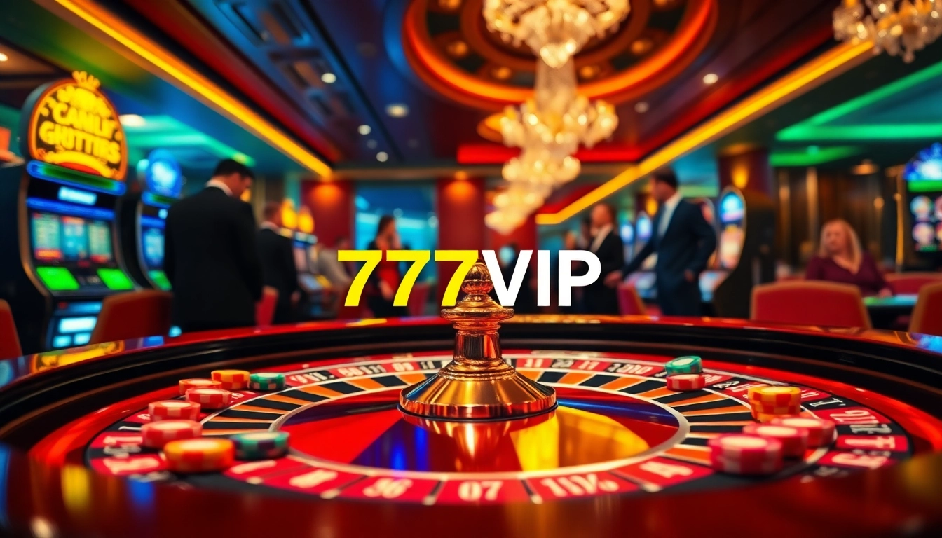 Experience the thrilling excitement of gambling with the vibrant 777VIP casino scene featuring roulette and slot machines.