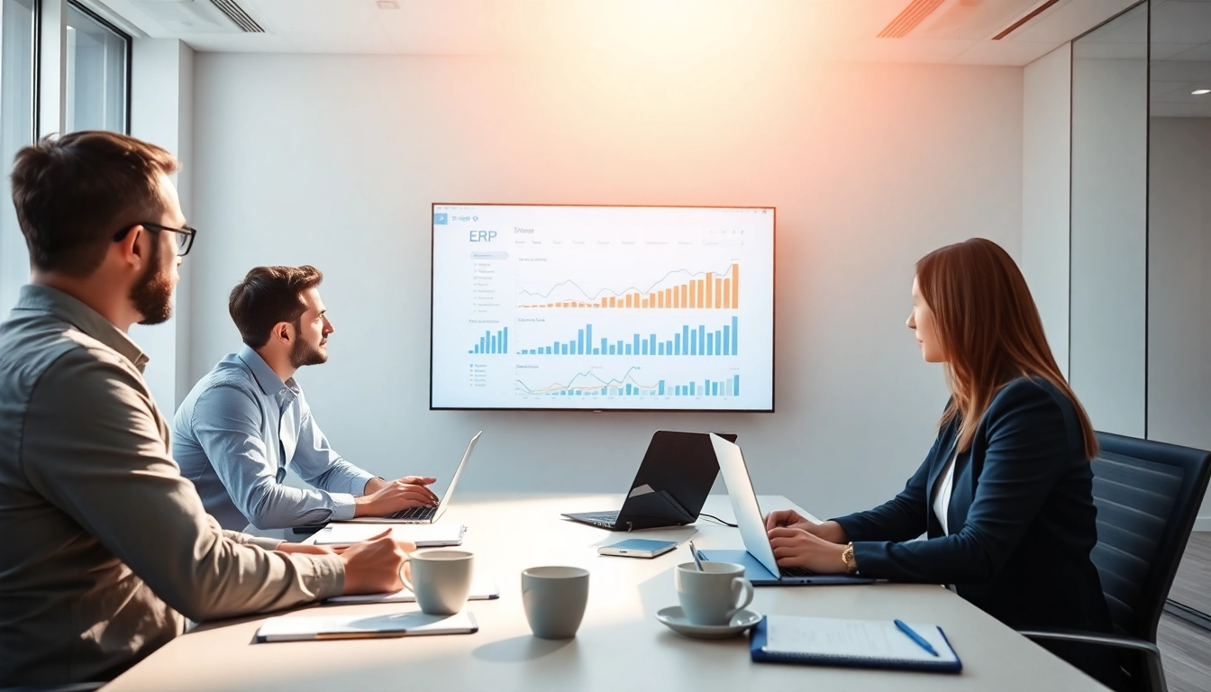 Logo ERP fiyat discussion in a professional office with ERP solutions displayed on a screen.