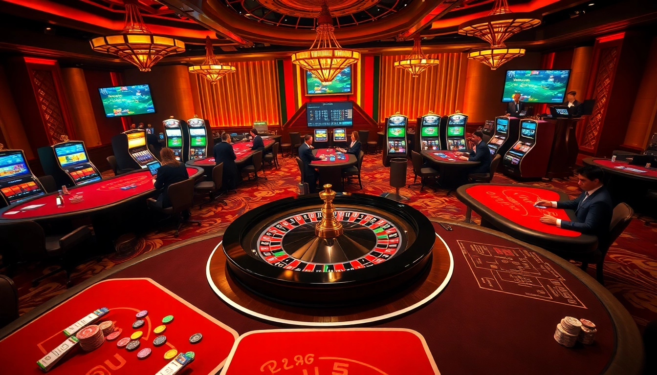 Engaging gamblers at a luxurious RR88 casino with roulette wheel, poker tables, and slot machines.