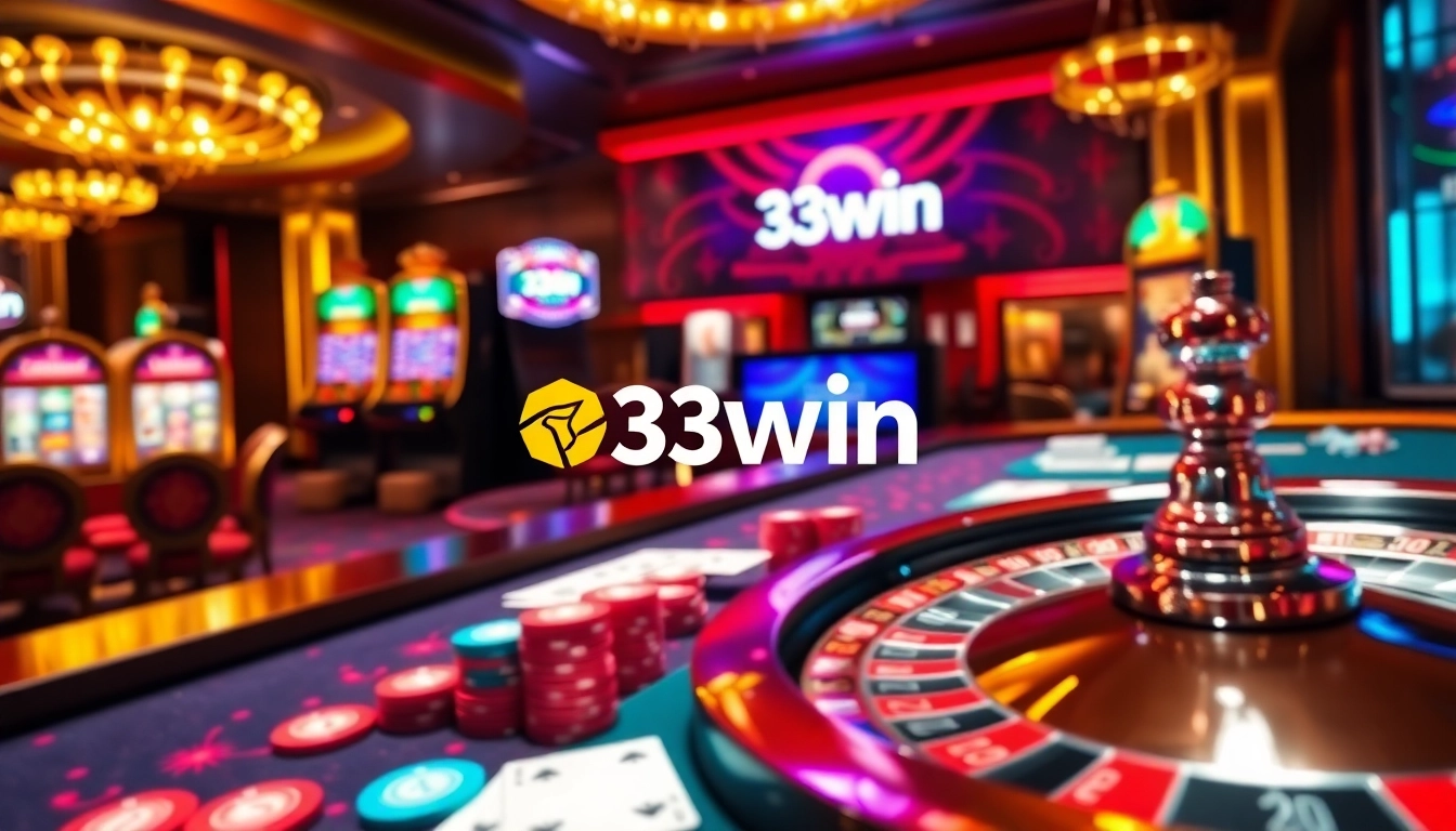 33win casino game with vibrant poker chips, cards, and a roulette wheel.