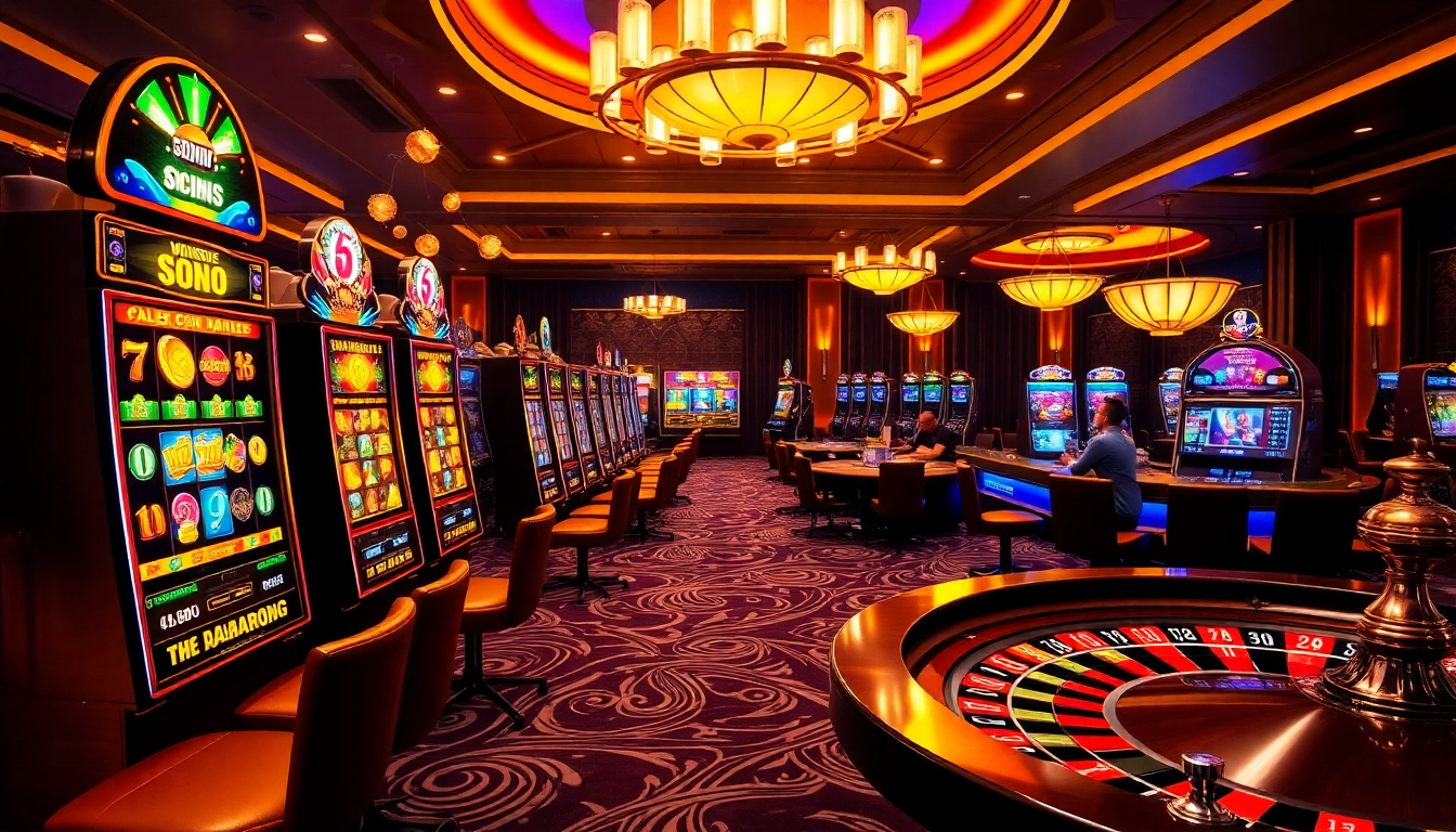 Players celebrating wins at RAJABARONG's vibrant slot machine area with colorful reels.