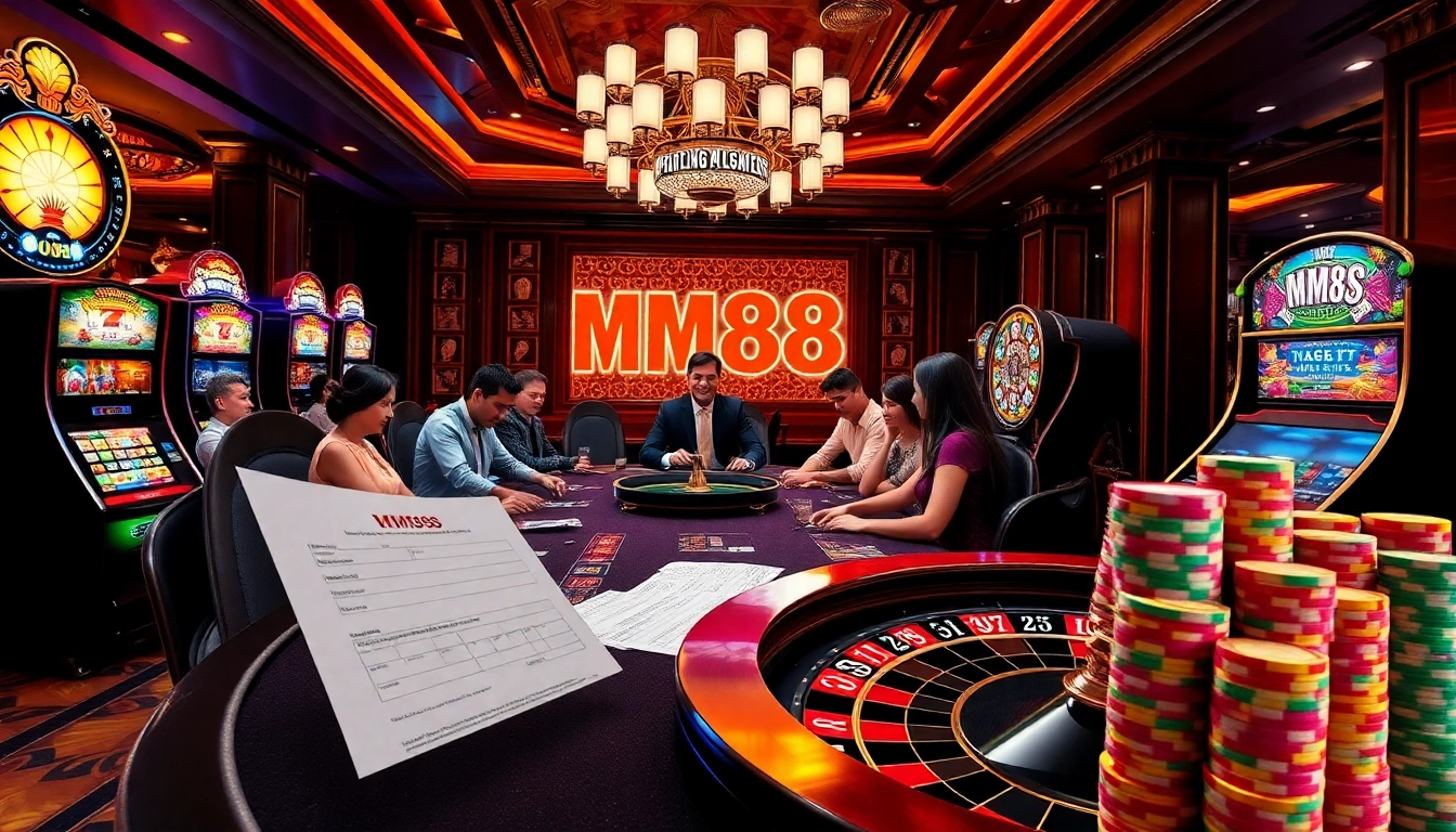 Experience MM88's thrilling gambling atmosphere with excited players at the poker table and vibrant slot machines.
